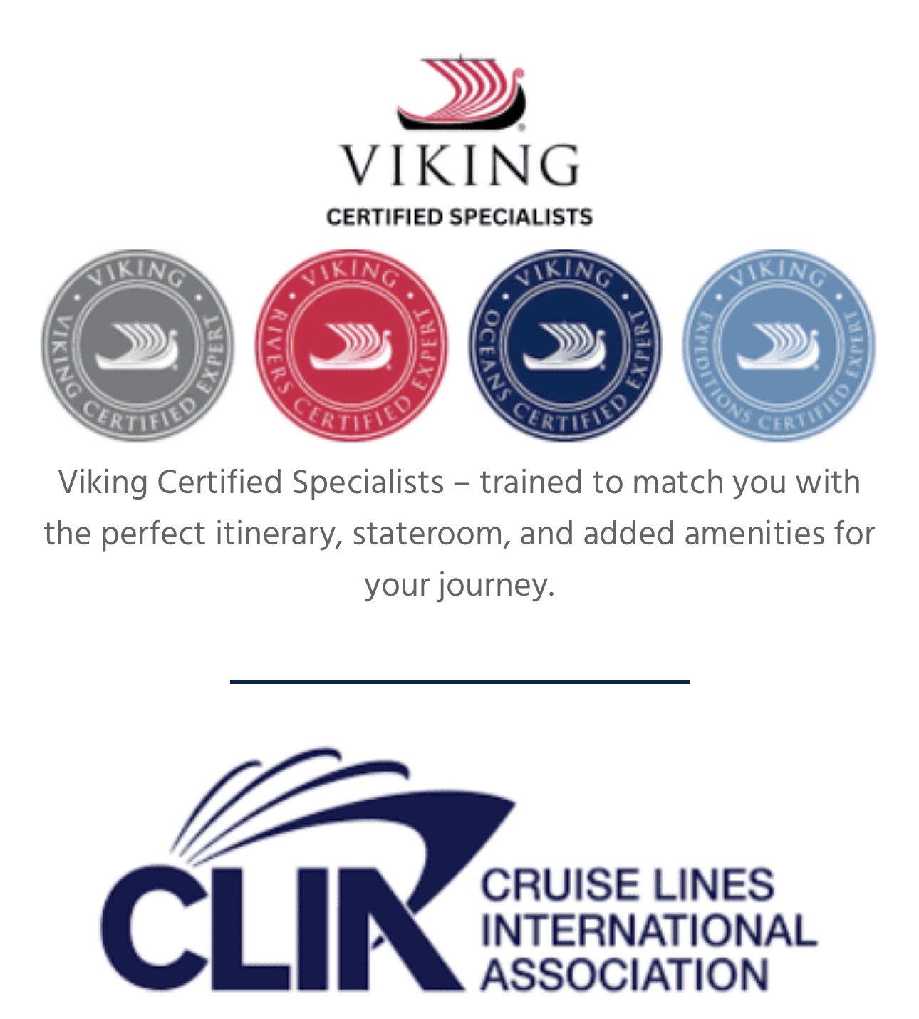 Viking Certified Specialist badges for general Viking knowledge, rivers, oceans and expeditions, with CLIA logo